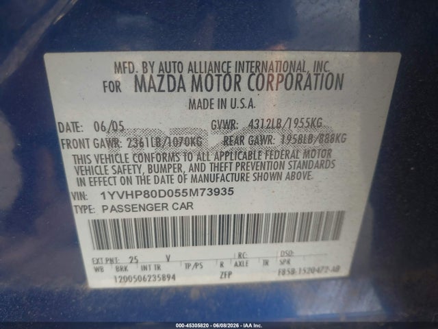 2005 Mazda Mazda6 S Sport მანქანა იყიდება აუქციონზე, vin: 1YVHP80D055M73935, აუქციონის ნომერი: 45305820