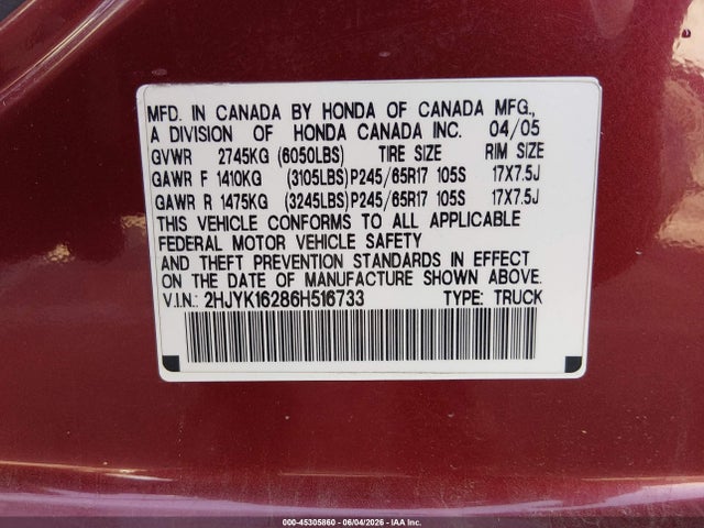 Продаж на аукціоні авто 2006 Honda Ridgeline Rt, vin: 2HJYK16286H516733, номер лоту: 45305860