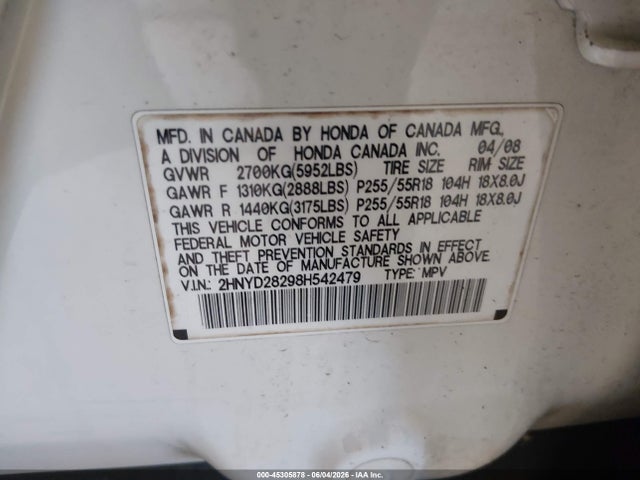 45305878 :رقم المزاد ، 2HNYD28298H542479 vin ، 2008 Acura Mdx مزاد بيع