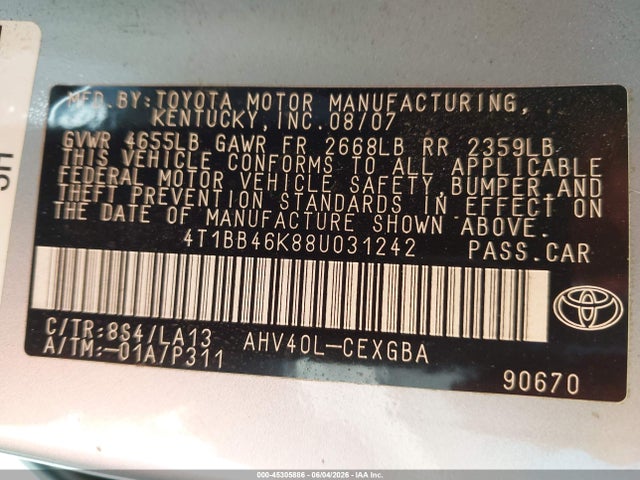 45305886 :رقم المزاد ، 4T1BB46K88U031242 vin ، 2008 Toyota Camry Hybrid مزاد بيع