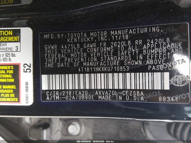 Toyota CAMRY SE 2019 4T1B11HKXKU710953 Image 9