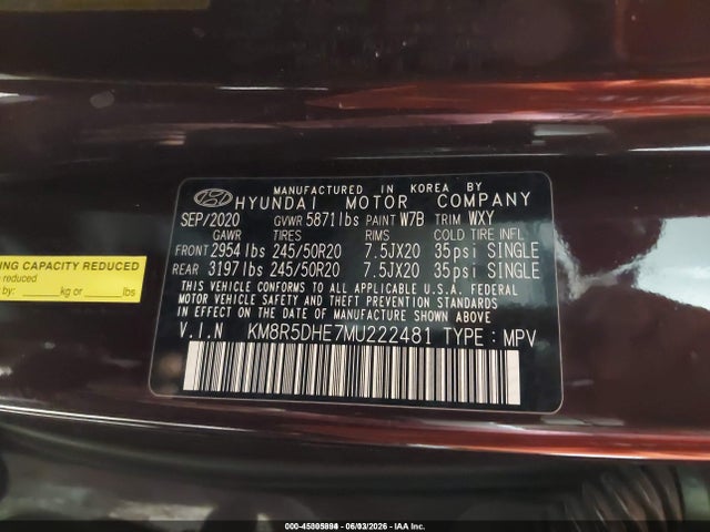 45305894 :رقم المزاد ، KM8R5DHE7MU222481 vin ، 2021 Hyundai Palisade Limited مزاد بيع
