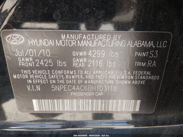 Продаж на аукціоні авто 2011 Hyundai Sonata Limited, vin: 5NPEC4AC6BH103118, номер лоту: 45305895