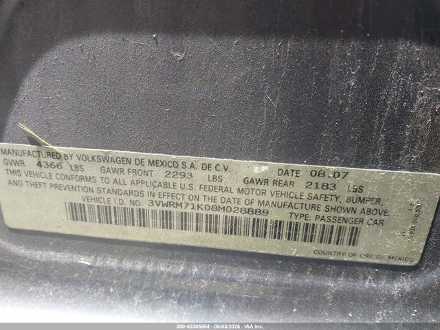 Aukcja sprzedaży 2008 Volkswagen Jetta Se/sel, vin: 3VWRM71K08M028889, numer aukcji: 45305904