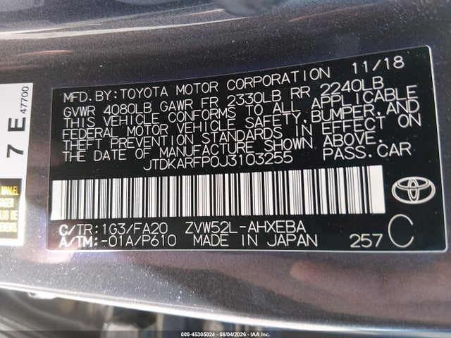 JTDKARFP0J3103255 Toyota Prius Prime Plus