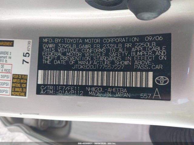 Продаж на аукціоні авто 2007 Toyota Prius, vin: JTDKB20U177557227, номер лоту: 45305931