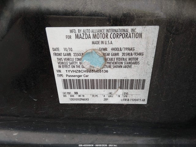 45305936 :رقم المزاد ، 1YVHZ8CH9B5M05136 vin ، 2011 Mazda Mazda6 I Grand Touring مزاد بيع