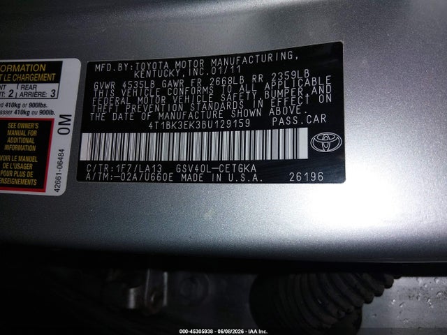 45305938 :رقم المزاد ، 4T1BK3EK3BU129159 vin ، 2011 Toyota Camry Xle V6 مزاد بيع