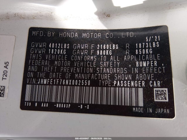 45305957 :رقم المزاد ، JHMFE1F76NX002550 vin ، 2022 Honda Civic Ex مزاد بيع