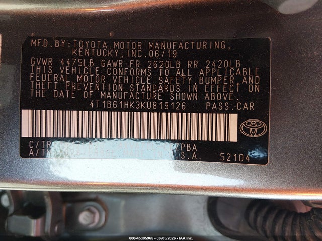 Auction sale of the 2019 Toyota Camry Xse, vin: 4T1B61HK3KU819126, lot number: 45305965
