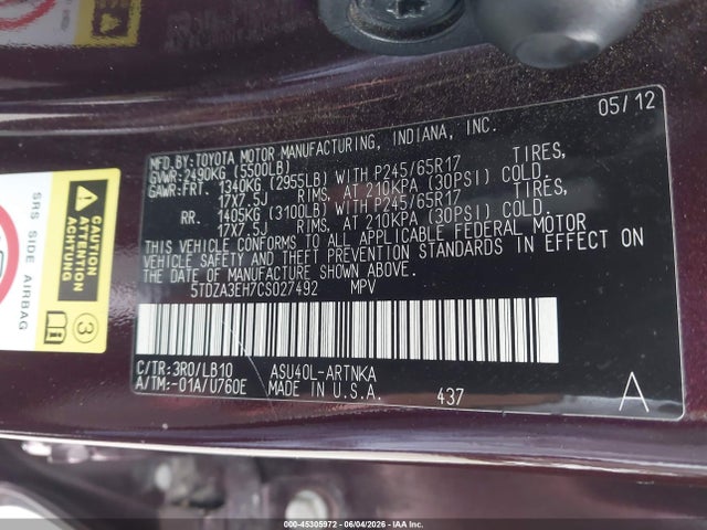 2012 Toyota Highlander Se მანქანა იყიდება აუქციონზე, vin: 5TDZA3EH7CS027492, აუქციონის ნომერი: 45305972