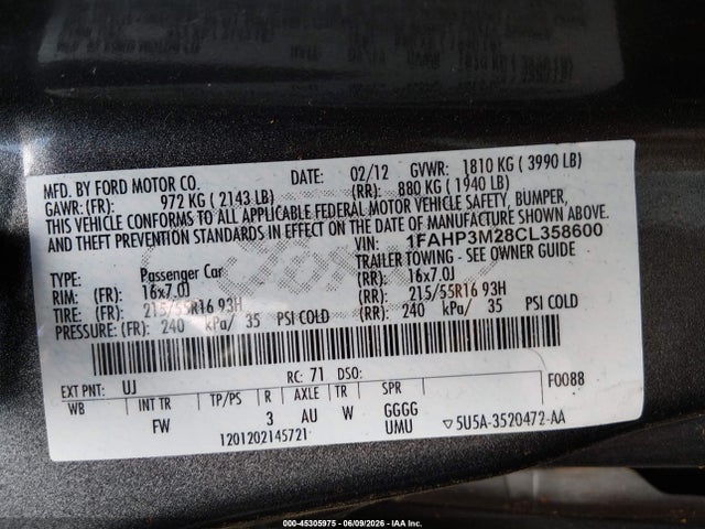 2012 Ford Focus Sel მანქანა იყიდება აუქციონზე, vin: 1FAHP3M28CL358600, აუქციონის ნომერი: 45305975
