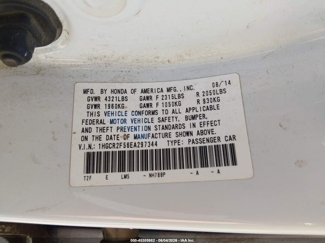 45305982 :رقم المزاد ، 1HGCR2F56EA297344 vin ، 2014 Honda Accord Sport مزاد بيع
