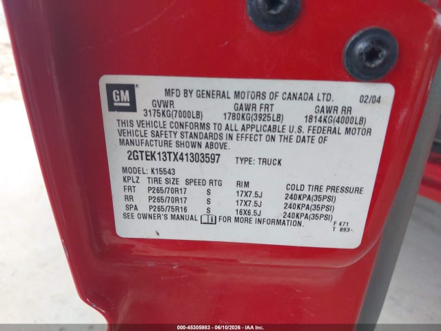 Продаж на аукціоні авто 2004 Gmc Sierra 1500 Slt, vin: 2GTEK13TX41303597, номер лоту: 45305983