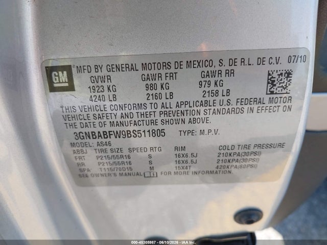 45305987 :رقم المزاد ، 3GNBABFW9BS511805 vin ، 2011 Chevrolet Hhr Lt مزاد بيع