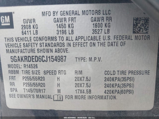 45305992 :رقم المزاد ، 5GAKRDED6CJ154987 vin ، 2012 Buick Enclave Premium مزاد بيع