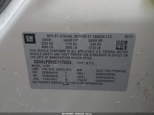 45305995 :رقم المزاد ، 2GNALPEK3C1173204 vin ، 2012 Chevrolet Equinox 2lt مزاد بيع
