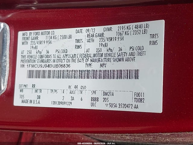 Продажа на аукционе авто 2013 Ford Escape Titanium, vin: 1FMCU9J94DUB06836, номер лота: 45306004