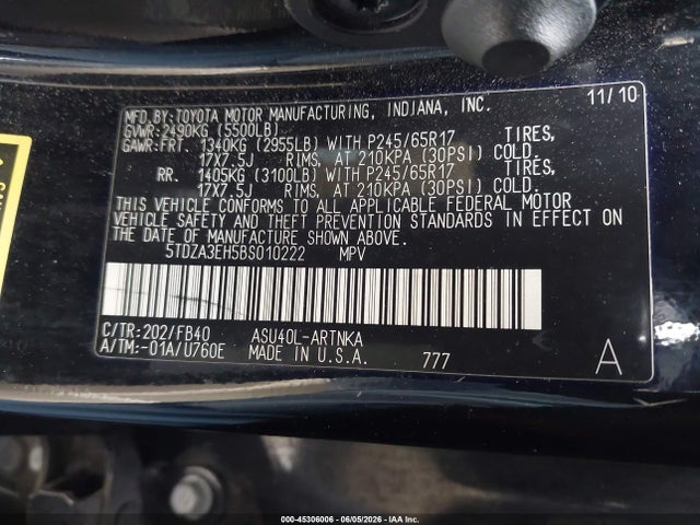 Продаж на аукціоні авто 2011 Toyota Highlander, vin: 5TDZA3EH5BS010222, номер лоту: 45306006