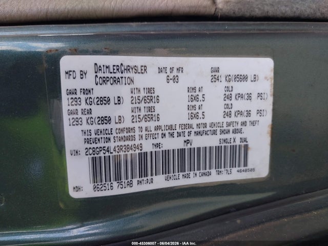Aukcja sprzedaży 2003 Chrysler Town & Country Lxi, vin: 2C8GP54L43R384949, numer aukcji: 45306007