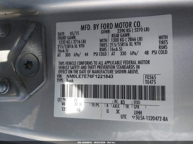2015 Ford Transit Connect Xl მანქანა იყიდება აუქციონზე, vin: NM0LE7E76F1221843, აუქციონის ნომერი: 45306013