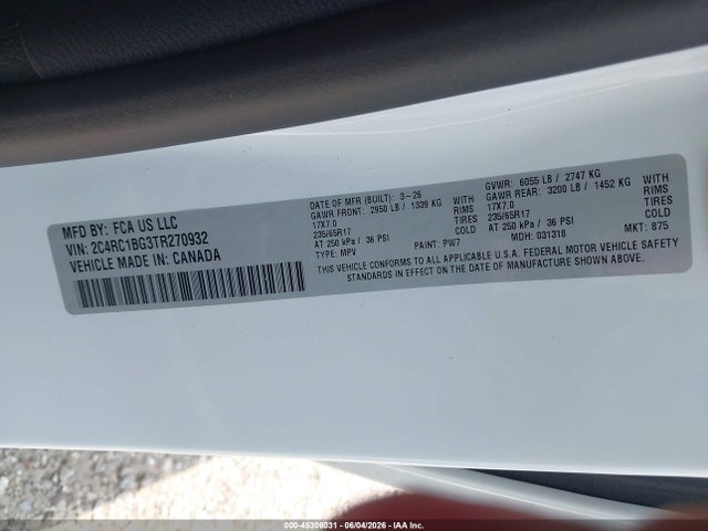 Auction sale of the 2026 Chrysler Pacifica Select, vin: 2C4RC1BG3TR270932, lot number: 45306031