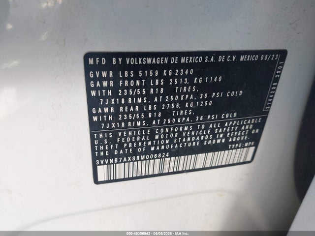 45306043 :رقم المزاد ، 3VVNB7AX8RM006824 vin ، 2024 Volkswagen Tiguan 2.0t Se/2.0t Wolfsburg Edition مزاد بيع