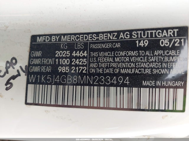 45306051 :رقم المزاد ، W1K5J4GB8MN233494 vin ، 2021 Mercedes-benz Cla 250 مزاد بيع