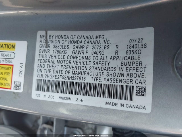 2HGFE2F52NH597618 Honda Civic Sport