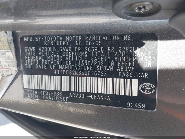 Продаж на аукціоні авто 2005 Toyota Camry Le, vin: 4T1BE32K65U616727, номер лоту: 45306061