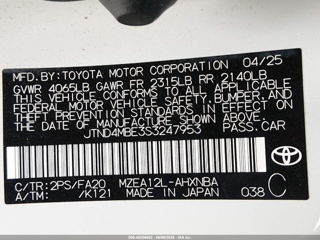 2025 Toyota Corolla Se მანქანა იყიდება აუქციონზე, vin: JTND4MBE3S3247953, აუქციონის ნომერი: 45306062