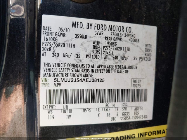 45306075 :رقم المزاد ، 5LMJJ2J54AEJ08125 vin ، 2010 Lincoln Navigator مزاد بيع