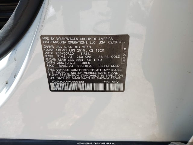 2021 Volkswagen Atlas 3.6l V6 Se W/technology მანქანა იყიდება აუქციონზე, vin: 1V2JR2CAXMC500423, აუქციონის ნომერი: 45306085