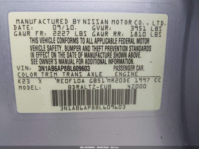 Продаж на аукціоні авто 2011 Nissan Sentra 2.0sr, vin: 3N1AB6AP8BL609603, номер лоту: 45306093