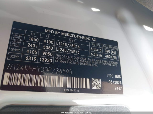 Aukcja sprzedaży 2024 Mercedes-benz Sprinter 2500 Standard Roof 4-cyl Diesel, vin: W1Z4KFHY3RP736595, numer aukcji: 45306112