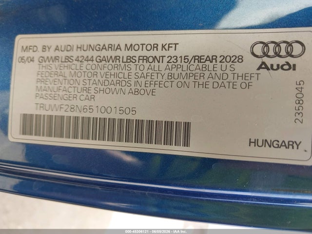 45306121 :رقم المزاد ، TRUWF28N651001505 vin ، 2005 Audi Tt 3.2l مزاد بيع
