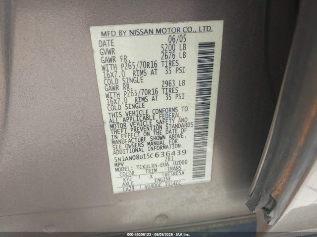 2005 Nissan Xterra S მანქანა იყიდება აუქციონზე, vin: 5N1AN08U15C636439, აუქციონის ნომერი: 45306123