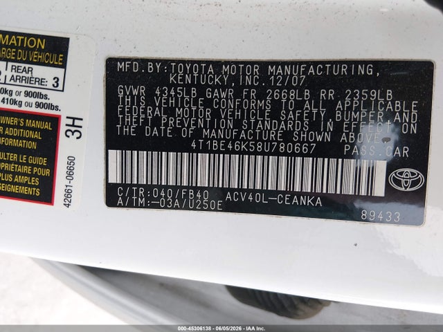 Продаж на аукціоні авто 2008 Toyota Camry, vin: 4T1BE46K58U780667, номер лоту: 45306138