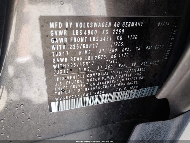 2015 Volkswagen Tiguan Se მანქანა იყიდება აუქციონზე, vin: WVGBV7AX3FW517938, აუქციონის ნომერი: 45306144