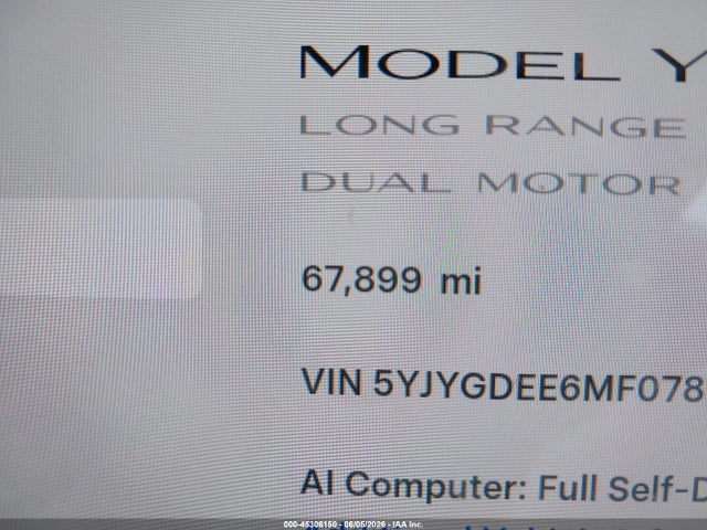 45306150 :رقم المزاد ، 5YJYGDEE6MF078624 vin ، 2021 Tesla Model Y Long Range Dual Motor All-wheel Drive مزاد بيع