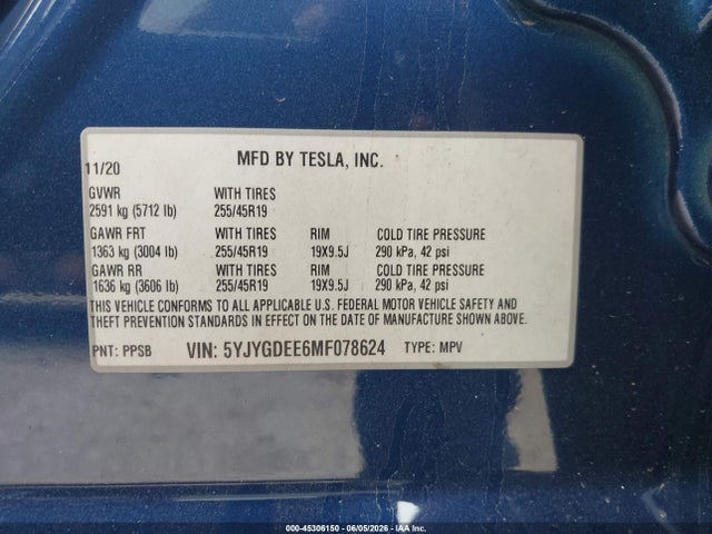 45306150 :رقم المزاد ، 5YJYGDEE6MF078624 vin ، 2021 Tesla Model Y Long Range Dual Motor All-wheel Drive مزاد بيع