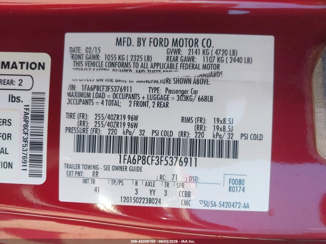 1FA6P8CF3F5376911 Ford Mustang Gt Premium