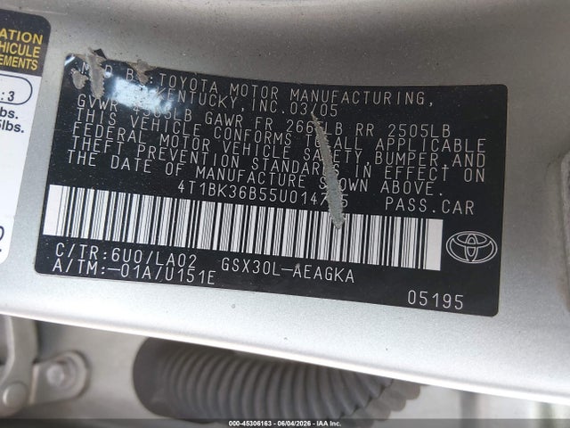 2005 Toyota Avalon Xls მანქანა იყიდება აუქციონზე, vin: 4T1BK36B55U014775, აუქციონის ნომერი: 45306163