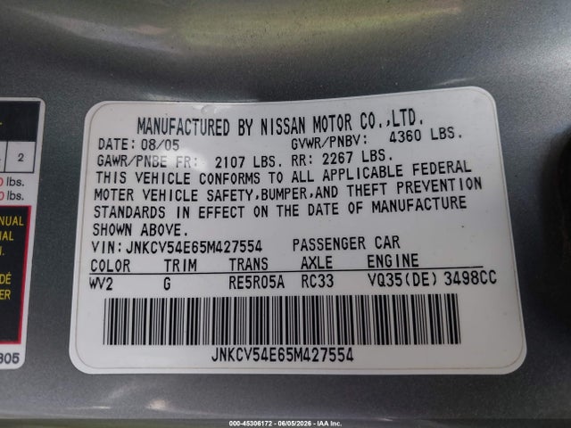 Продаж на аукціоні авто 2005 Infiniti G35, vin: JNKCV54E65M427554, номер лоту: 45306172