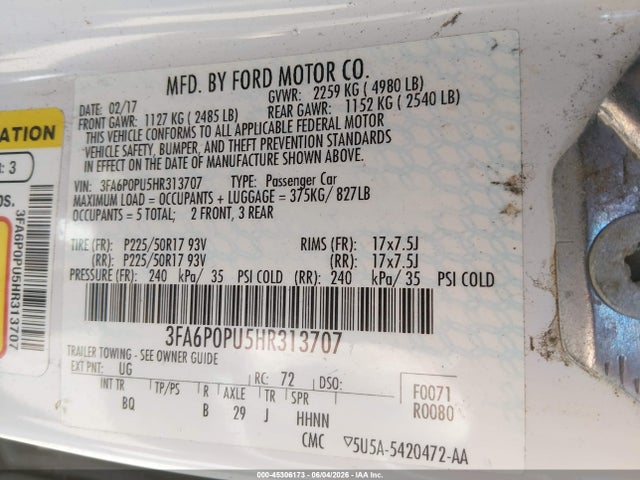 Aukcja sprzedaży 2017 Ford Fusion Energi Se Luxury, vin: 3FA6P0PU5HR313707, numer aukcji: 45306173
