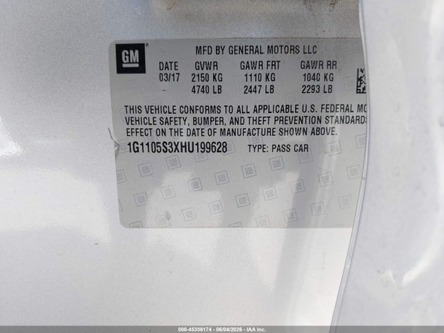 Продаж на аукціоні авто 2017 Chevrolet Impala 1lt, vin: 1G1105S3XHU199628, номер лоту: 45306174