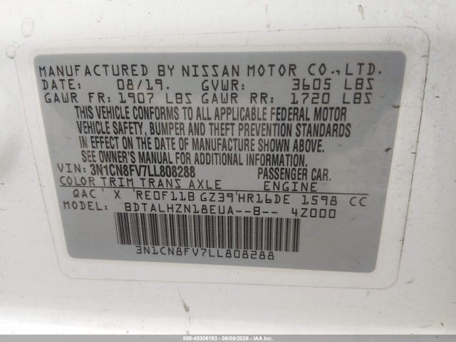 3N1CN8FV7LL808288 Nissan Versa Sr Xtronic Cvt