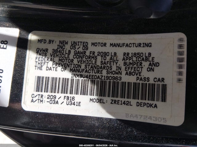 Aukcja sprzedaży 2010 Toyota Corolla, vin: 1NXBU4EE0AZ190963, numer aukcji: 45306201