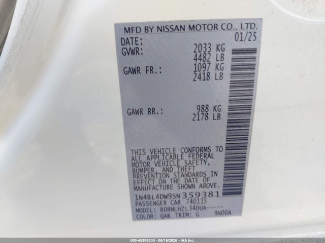 45306208 :رقم المزاد ، 1N4BL4DW9SN359381 vin ، 2025 Nissan Altima Sv Awd مزاد بيع
