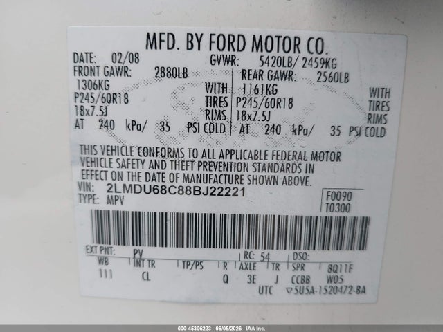 Продажа на аукционе авто 2008 Lincoln Mkx, vin: 2LMDU68C88BJ22221, номер лота: 45306223